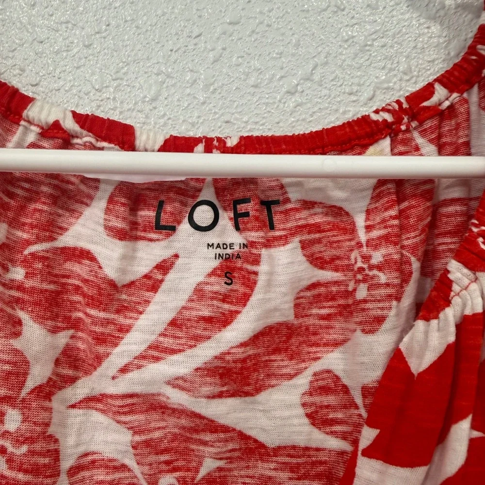 Loft Red‎ White Floral V-Neck Puff Sleeve Cotton Slub Knit Top Small